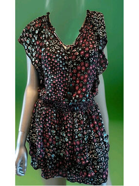 POUPETTE ST BARTH-Floral Hearts Black/Pink Print Mini Dress Tiered Ruffles-SMALL